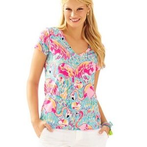 Lilly Pulitzer Peel and Eat Flamingo V-Neck shirt XS